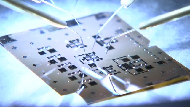 High-tech semiconductor manufacturing process with robotic arm handling silicon wafers and CPU chip production.