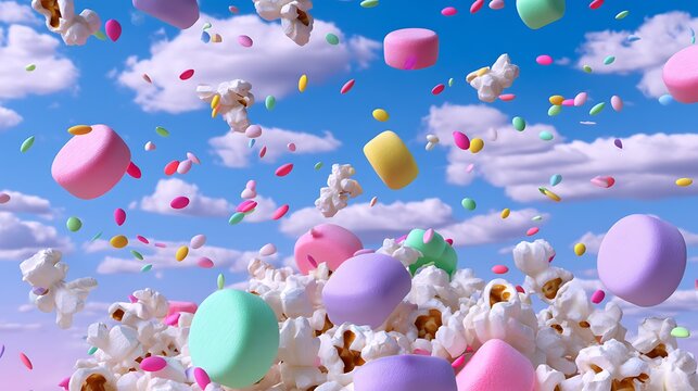 Colorful Popcorn and Candy Confetti Against a Scenic Sky Background