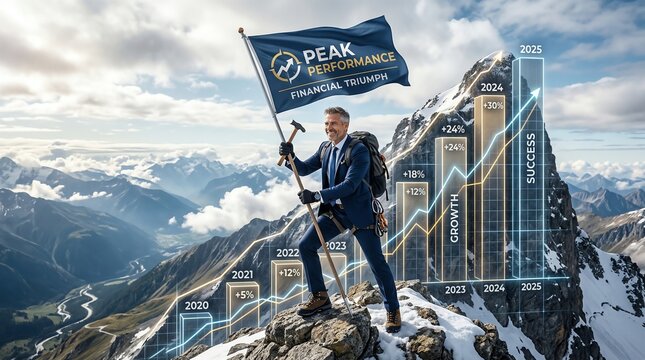 Achieving peak financial performance with a businessman planting a flag on a mountain summit with a rising graph