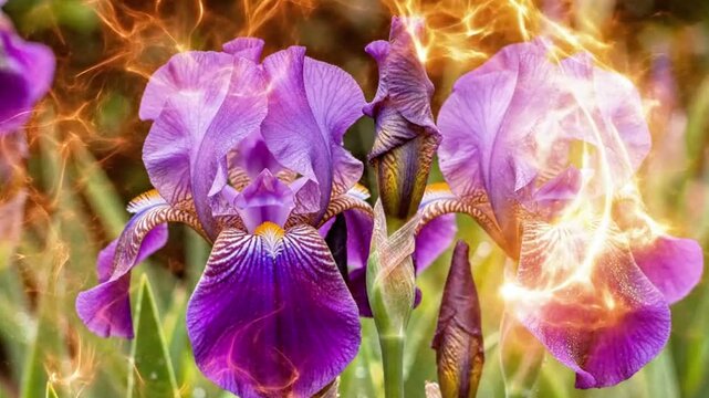 Auric field around blooming irises, colors shifting auras.