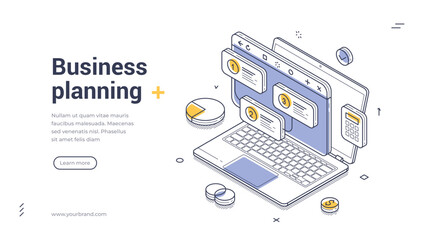 Isometric banner template for business planning and strategy. Vector illustration of a laptop with project steps, data analysis for corporate management and startup development © provectors