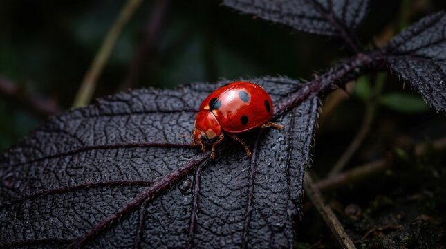 Close Up of Red Ladybug on Dark Leaf Texture