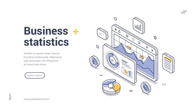 Isometric banner template for business statistics and data analysis. Vector illustration of financial report and marketing analytics. Concept for web design and modern infographic