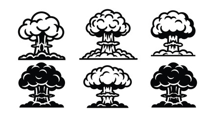 Six stylized depictions of mushroom clouds representing nuclear explosions © MdNirob