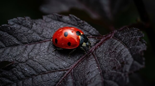 Vibrant Ladybird Crawling on Deep Purple Foliage