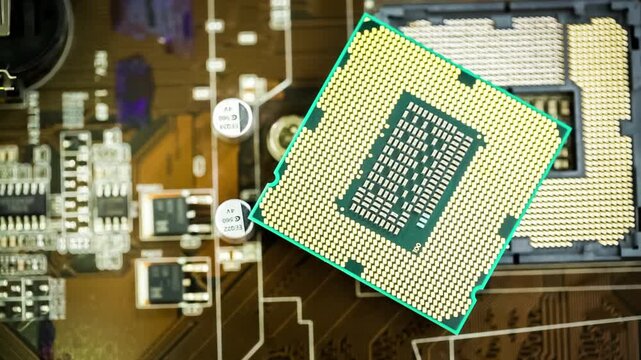 High-tech semiconductor manufacturing process with robotic arm handling silicon wafers and CPU chip production.