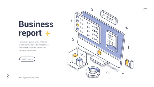Isometric banner template for business report and data analysis. Vector illustration of a computer dashboard with statistics. Concept for financial analytics and marketing research