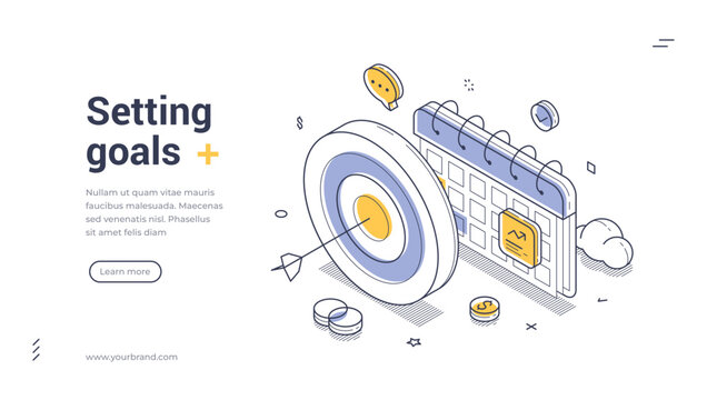 Isometric banner template for setting goals and business strategy. Vector illustration of a target and a calendar. Concept for achievement, planning, motivation, and success for a landing page