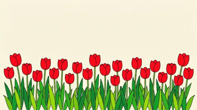 Minimalist Row of Red Tulips on Cream Background Border