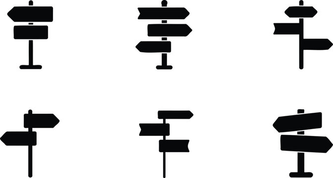 Collection of blank black directional signs on white background  various orientations and shapes  isolated on transparent background