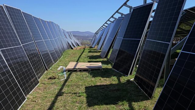 Construction of a Solar Power Plant, installation panels - (4K)