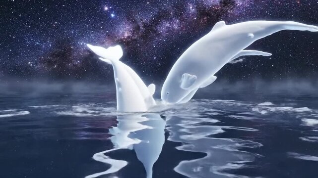 Spectral Narwhals Leaping from Water into the Starry Night
