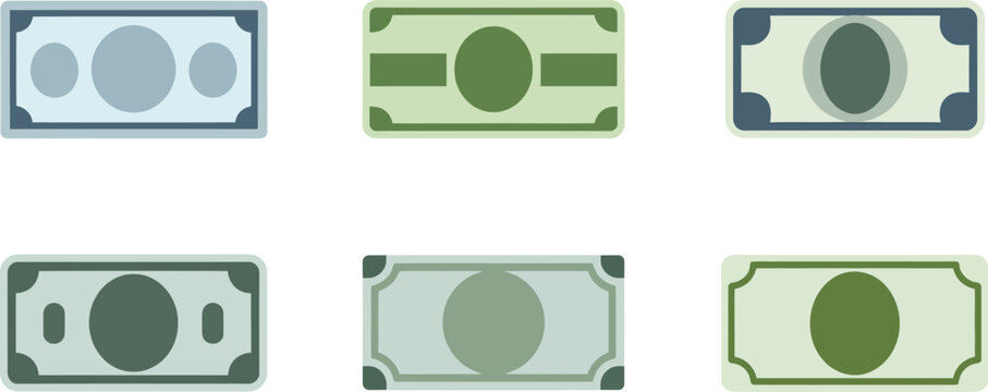 Six different green and blue banknote illustrations on white background