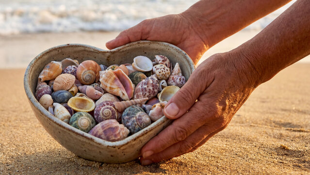 Hands holding a heart-shaped bowl filled with seashells on a sandy beach. Closeup
