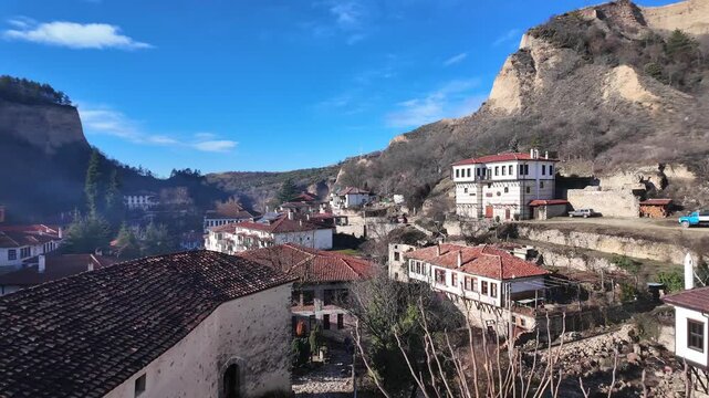 Typical street and old houses at town of Melnik, Blagoevgrad region, Bulgaria