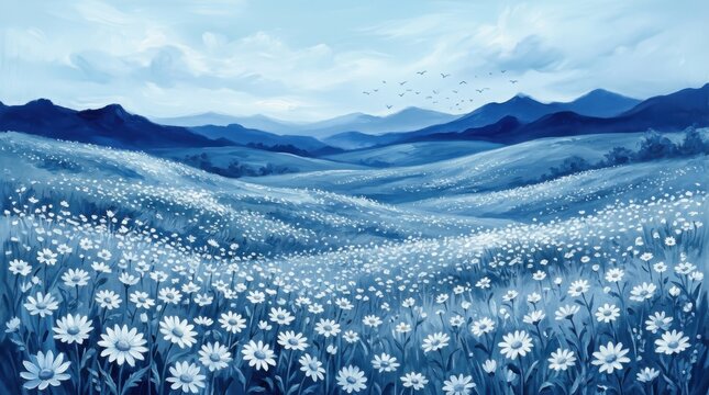 Dreamy Field of White Daisies on Rolling Hills at Dawn