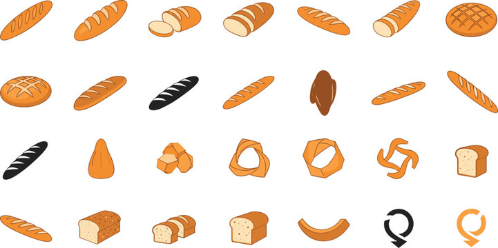 Bread Vector Set Collection with Baguette Loaf Slices and Bakery Icons