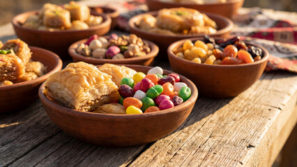 Fototapeta premium Variety of delicious snacks and desserts arranged in small bowls on wooden surface