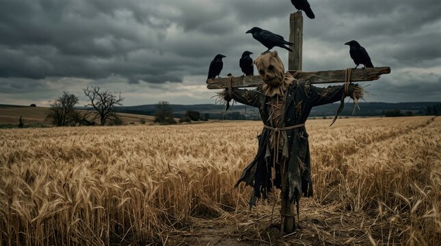 Ominous Scarecrow with Crows in Harvest Wheat Field