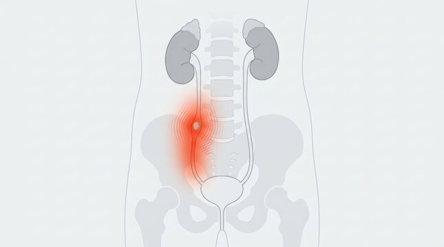 Illustration of a kidney stone causing pain in the ureter and urinary tract