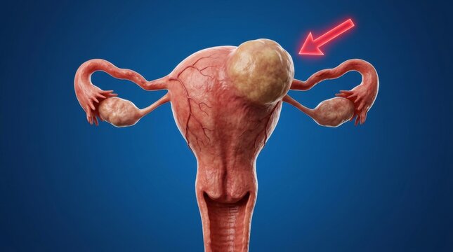 Uterus with a large tumor indicated by a red arrow, medical illustration