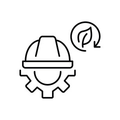 Fototapeta premium Hard hat, cogwheel and leaf in renew arrow. Sustainable construction and maintenance. Engineering and settings. Pixel perfect, editable stroke vector icon