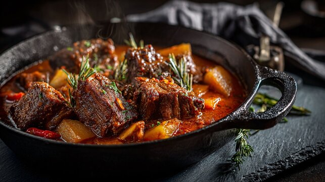 A hearty Hungarian goulash with slow-braised beef ribs is served in a cast iron skillet placed on a textured slate board under dramatic low-key lighting
