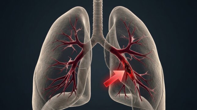 3D rendering of human lungs showing a pulmonary embolism with a red arrow pointing to the blockage