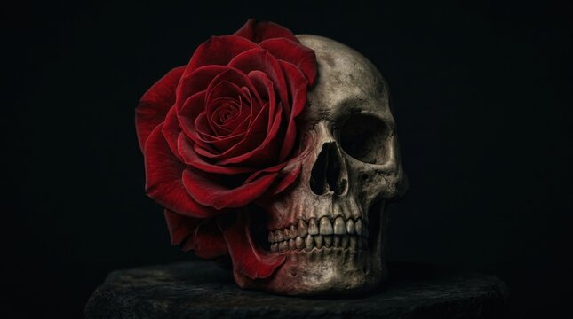 Dramatic Skull with Red Rose Flower Illustration on Dark Background