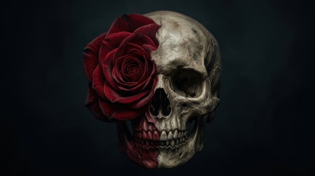 Cinematic Human Skull and Deep Red Rose Still Life Art