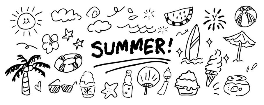 ゆるいタッチの夏の手書き素材セット