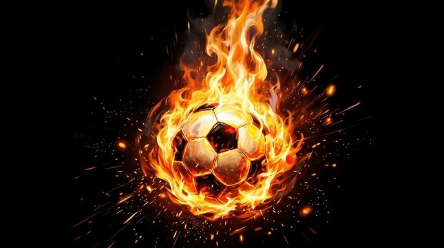 Soccer Ball Engulfed in Intense Orange Flames on Black Background