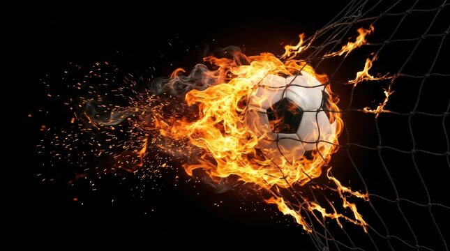 Flaming Soccer Ball Tearing Through a Goal Net at High Speed