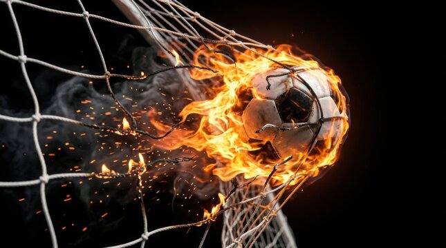 Explosive Football Goal with Burning Ball and Net Cinematic Action