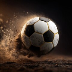 Fototapeta premium Soccer ball in motion on a sandy field during a competition