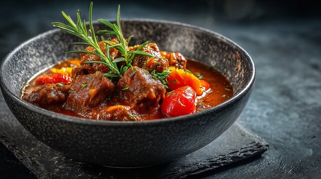 A robust beef and tomato goulash simmered until tender is styled on a dark gray concrete surface with directional lighting casting bold shadows