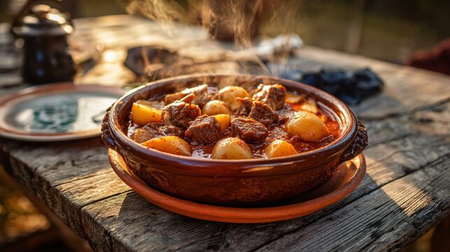 A slow-braised Hungarian beef goulash enriched with sweet paprika and tender potatoes is served steaming in a rustic earthenware bowl on a weathered countryside wooden table
