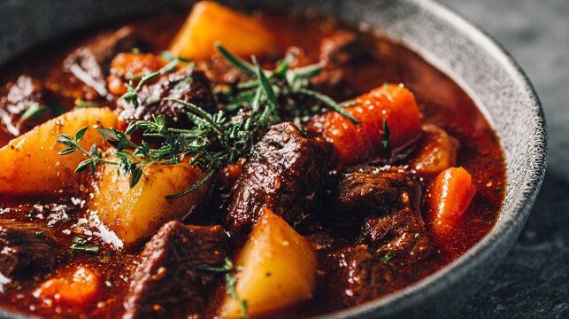 A slow-cooked goulash with chunks of beef, carrots, and potatoes is served on a neutral stone countertop with soft diffused window light enhancing its rich texture