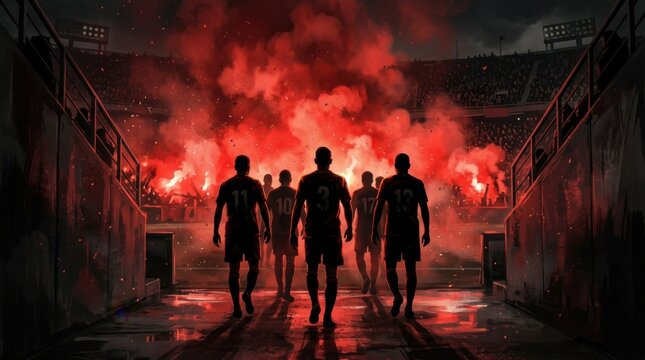 Team of Football Players Entering Stadium Through Red Smoke Path