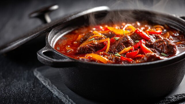 A smoky paprika goulash with caramelized onions and red bell peppers is presented in a cast iron Dutch oven on a dark slate surface under dramatic side lighting that enhances its deep crimson broth
