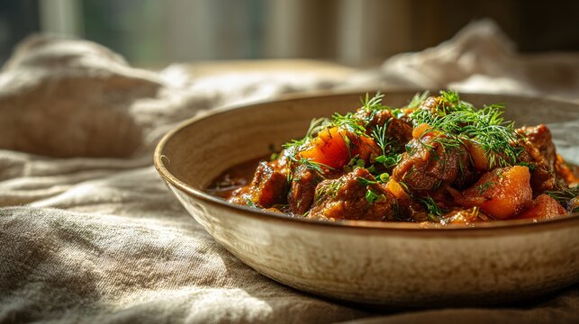 A thick and hearty goulash topped with freshly chopped dill is arranged on a farmhouse table covered with beige linen and lit by gentle afternoon sunlight