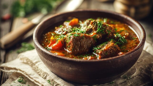 A thick and hearty goulash topped with freshly chopped dill is arranged on a farmhouse table covered with beige linen and lit by gentle afternoon sunlight