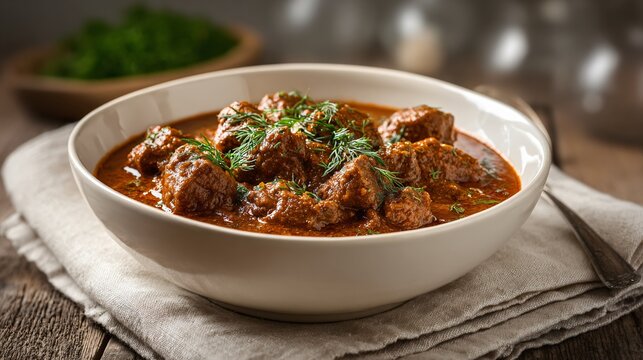 A thick and hearty goulash topped with freshly chopped dill is arranged on a farmhouse table covered with beige linen and lit by gentle afternoon sunlight
