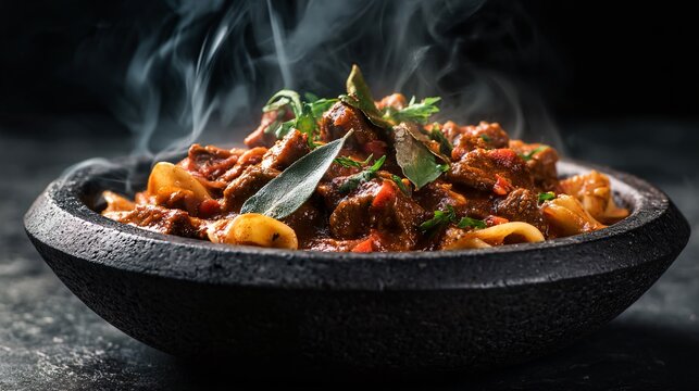 A thick and savory beef goulash with bay leaves is photographed on a charcoal stone background with dramatic moody side lighting