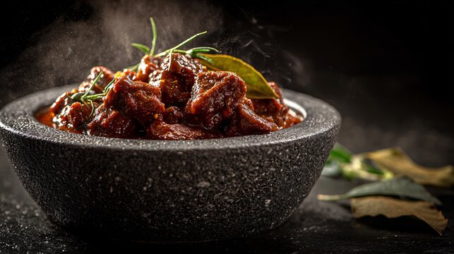 A thick and savory beef goulash with bay leaves is photographed on a charcoal stone background with dramatic moody side lighting