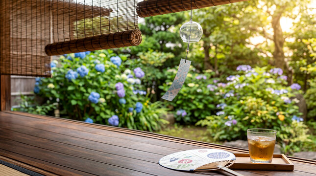 Japanese Glass Wind Chime Furin on Traditional Veranda with Summer Garden and Hydrangea