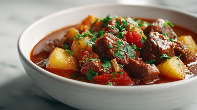 A thick beef goulash with diced potatoes and parsley garnish sits on a marble surface illuminated by soft side lighting for a clean editorial presentation