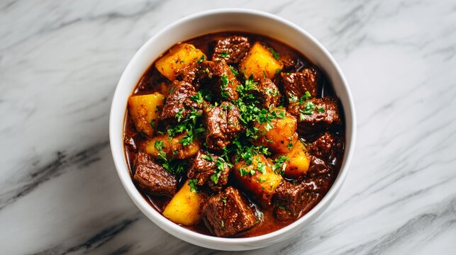 A thick beef goulash with diced potatoes and parsley garnish sits on a marble surface illuminated by soft side lighting for a clean editorial presentation