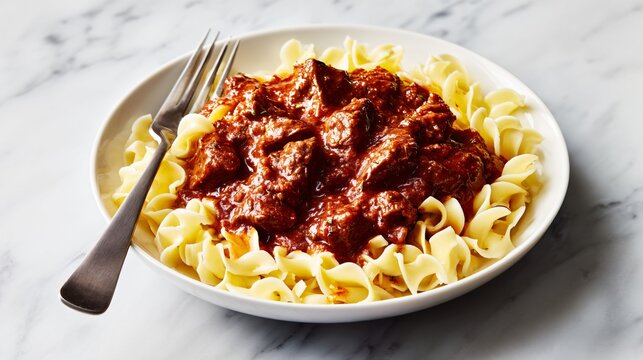 A thick paprika-heavy goulash spooned generously over buttered egg noodles is photographed on a smooth marble countertop with clean editorial lighting and minimalist styling