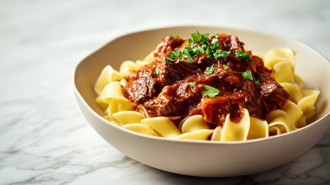 A thick paprika-heavy goulash spooned generously over buttered egg noodles is photographed on a smooth marble countertop with clean editorial lighting and minimalist styling